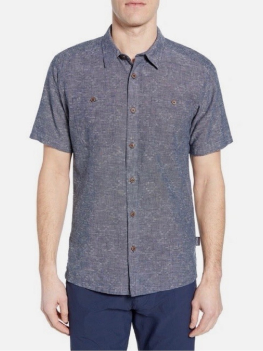 Patagonia Men Back Step Short Sleeve Shirt Hemp Cotton Button Up Blue SZ XL